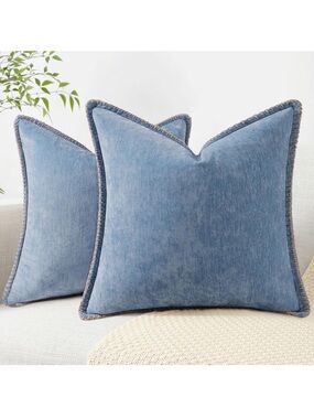 Chenille Soft Cozy Throw Pillow Covers 18x18 Set of 2, Modern Blue Gray